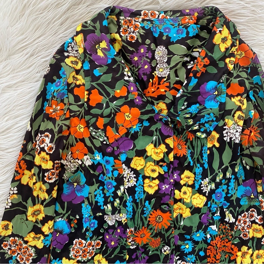Vintage 70s Retro Dark Floral Button Front Long Sleeve Mini Dress Orange Blue - Picture 3 of 16